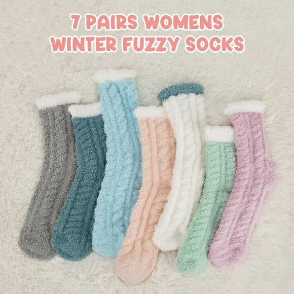 ⭐ 7-Pair Women’s Fuzzy Socks Cozy Fluffy Warm Christmas Gift Set